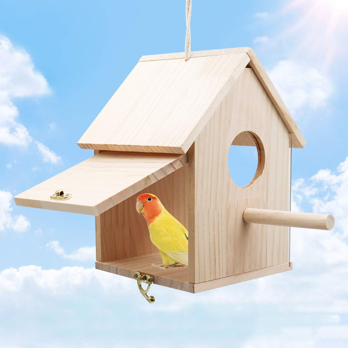 Bird House for Outside, Outdoor Wooden Birdhouse with Transparent Acrylic Window, Bird Nest Box with Pole for Garden Patio, Hanging Birdhouse for Sparrow Hummingbird Finch 5.7 × 5.7 × 8.7 Inches Oooct