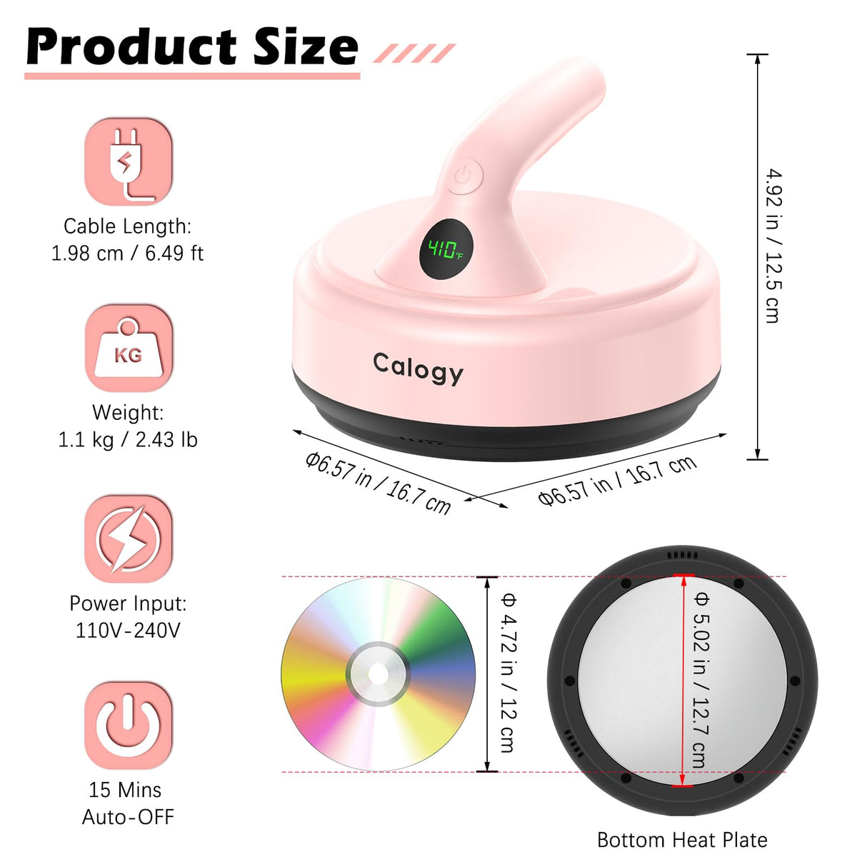 Calogy Mini Heat Press, 5" Diameter Circle Heat Press Machine for T-Shirt Portable, 4 Levels Temp Max 410℉, Small Iron for Crafts, Coaster, Bag, Pillow, Ceramic, Sublimation Ink Heat Transfer (Pink) Calogy