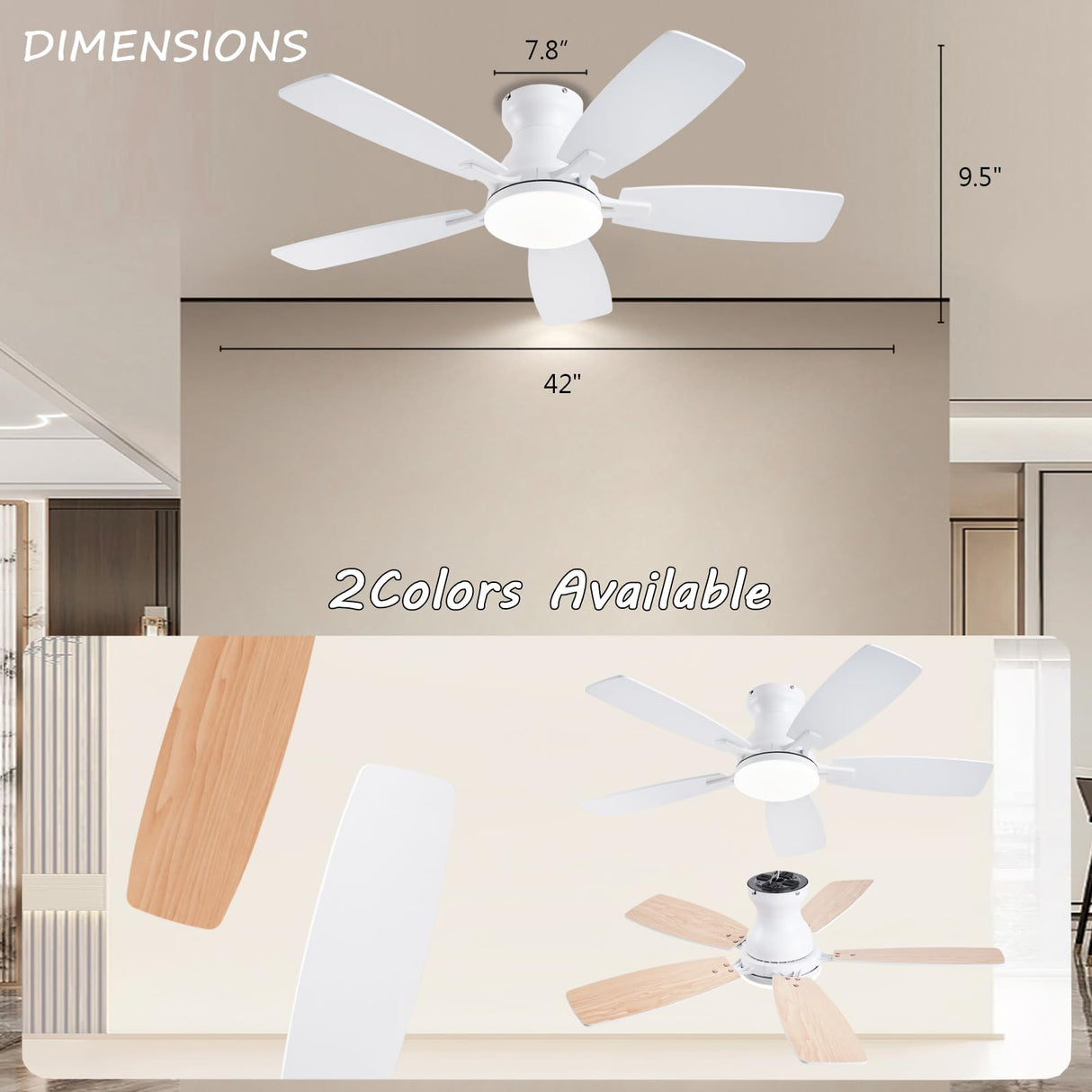 JSAITEE Ceiling Fans with Lights, 42 Inch Low Profile Ceiling Fan with Light and Remote Control, Flush Mount, DC Reversible Motor, Noiseless, White 6 Speeds Ceiling Fan for Bedroom JSAITEE