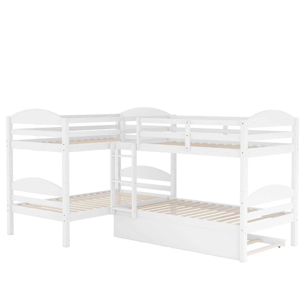 Bellemave Quad Bunk Bed with Trundle L-Shape Bunk Bed Twin Over Twin Corner Bunk Bed for 4 or 5 Kids Boys Girls Teens, White Bellemave