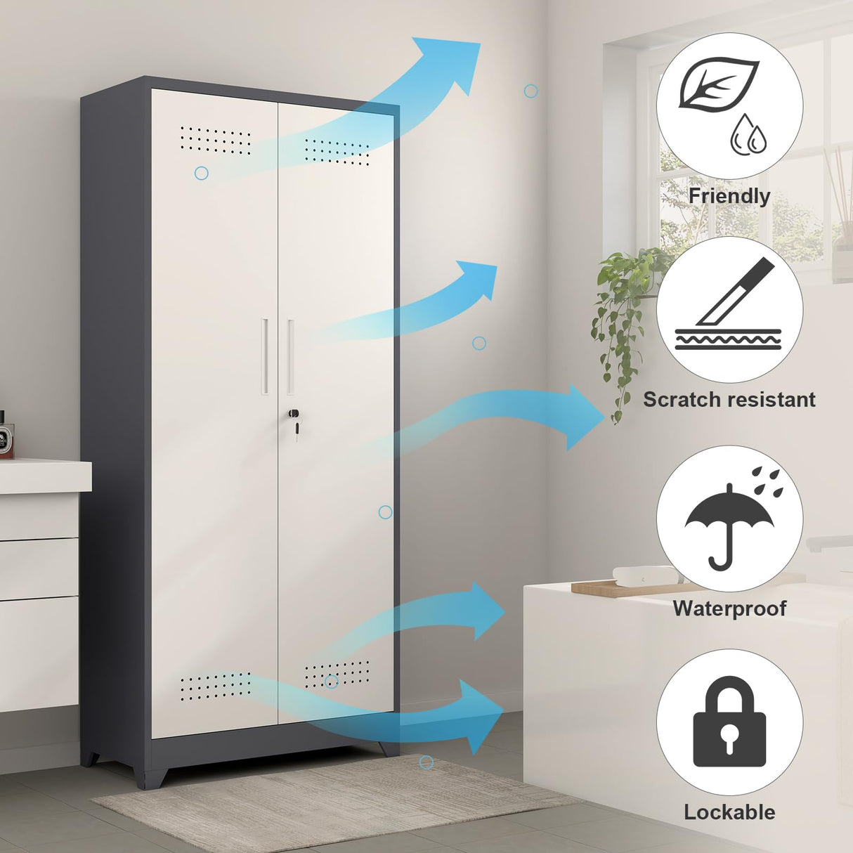 GREATMEET 72.8" H Metal Garage Storage Cabinets, Lockable Broom Closet Storage Cabinet with Doors and Shelves, Utility Cabinets for Storage Locker, Grey-White GREATMEET