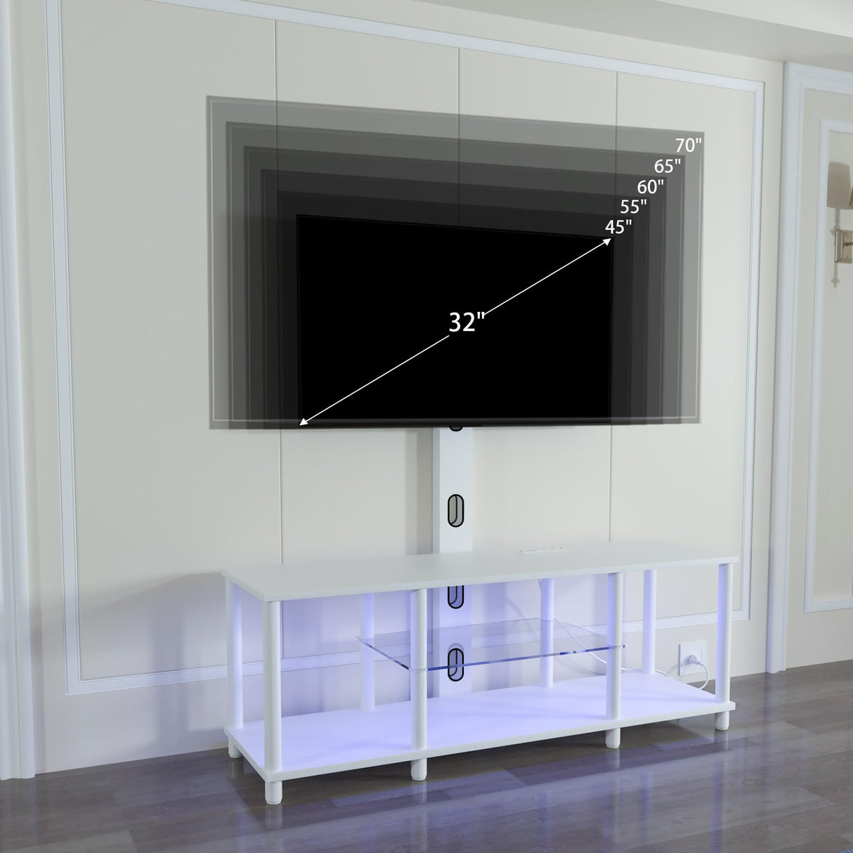 Lazyvan TV Stand with Mount and Led Light,White TV Stand with Power Outlets for 32/40/43/50/55/60/65/70 Inch TV,Entertainment Center with Open Storage Shelf for Bedroom/Living Room/Office Lazyvan