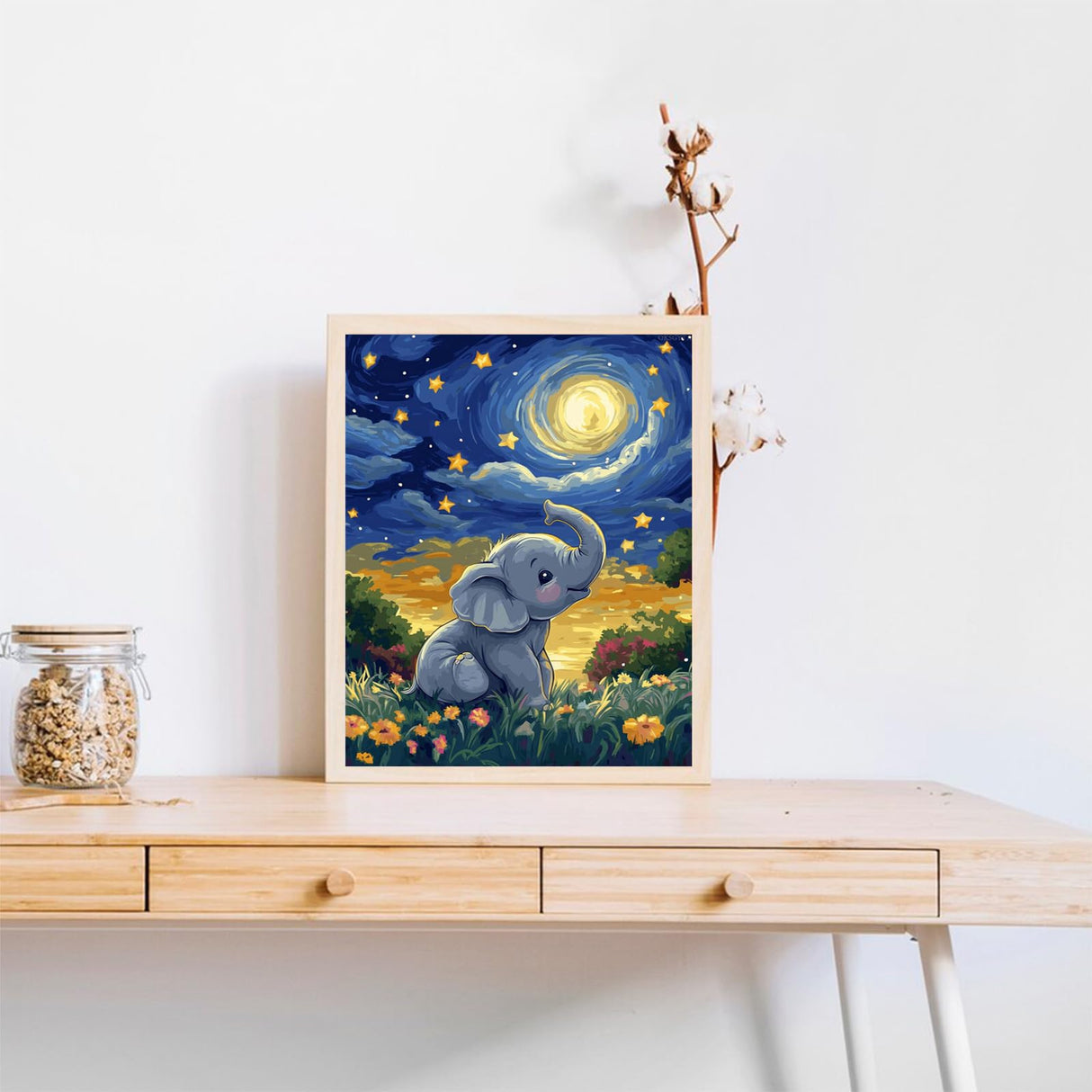 OKSGYTA Elephant Playing in Meadow Paint by Numbers Kit for Adults Beginner, Elephant at Night Paint by Numbers, Night Acrylic Oil Painting for Gift Home Decor (16x20inches, No Frame) OKSGYTA