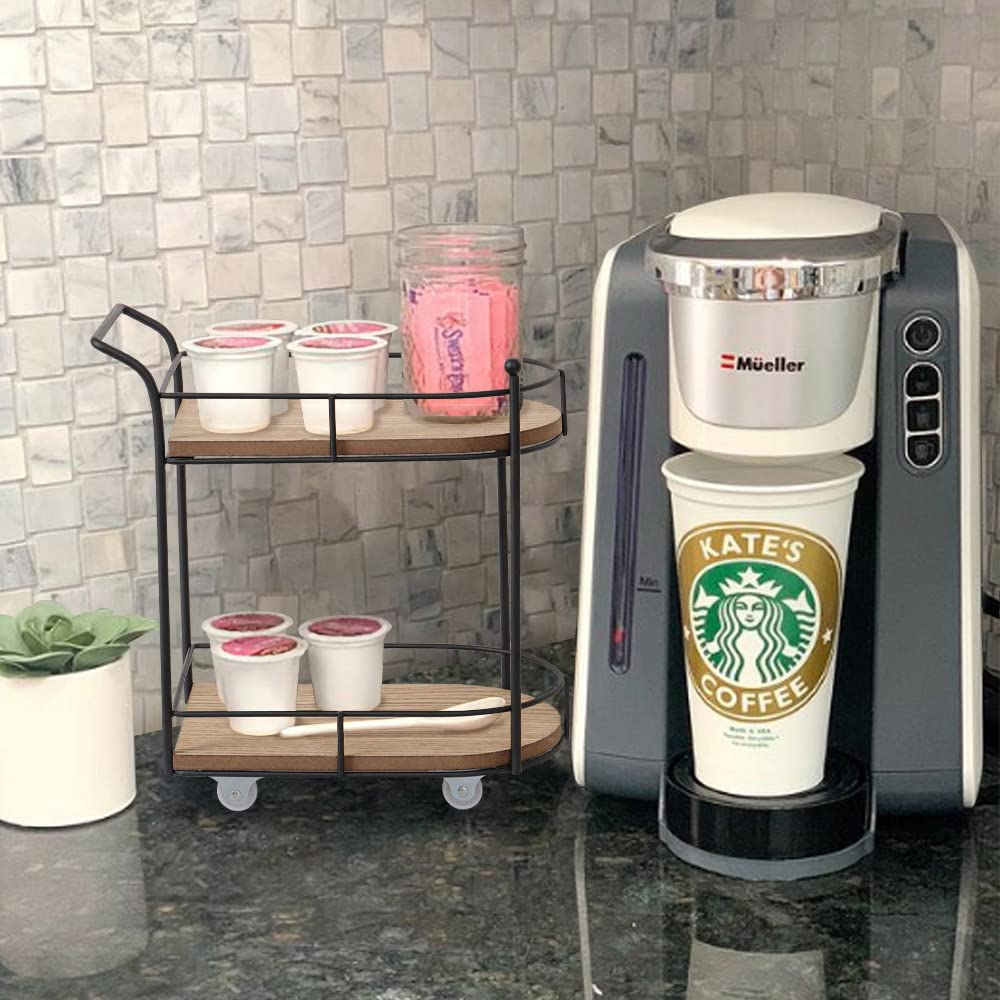 SunArtHome Two-Tier Matte Black Metal Wire/Wood Coffee Bar Cart - Mini Rolling Utility Cart Tiered Tray - for Coffee Bar Table Organizer,Home Kitchen Shelf, Farmhouse Décor SunArtHome