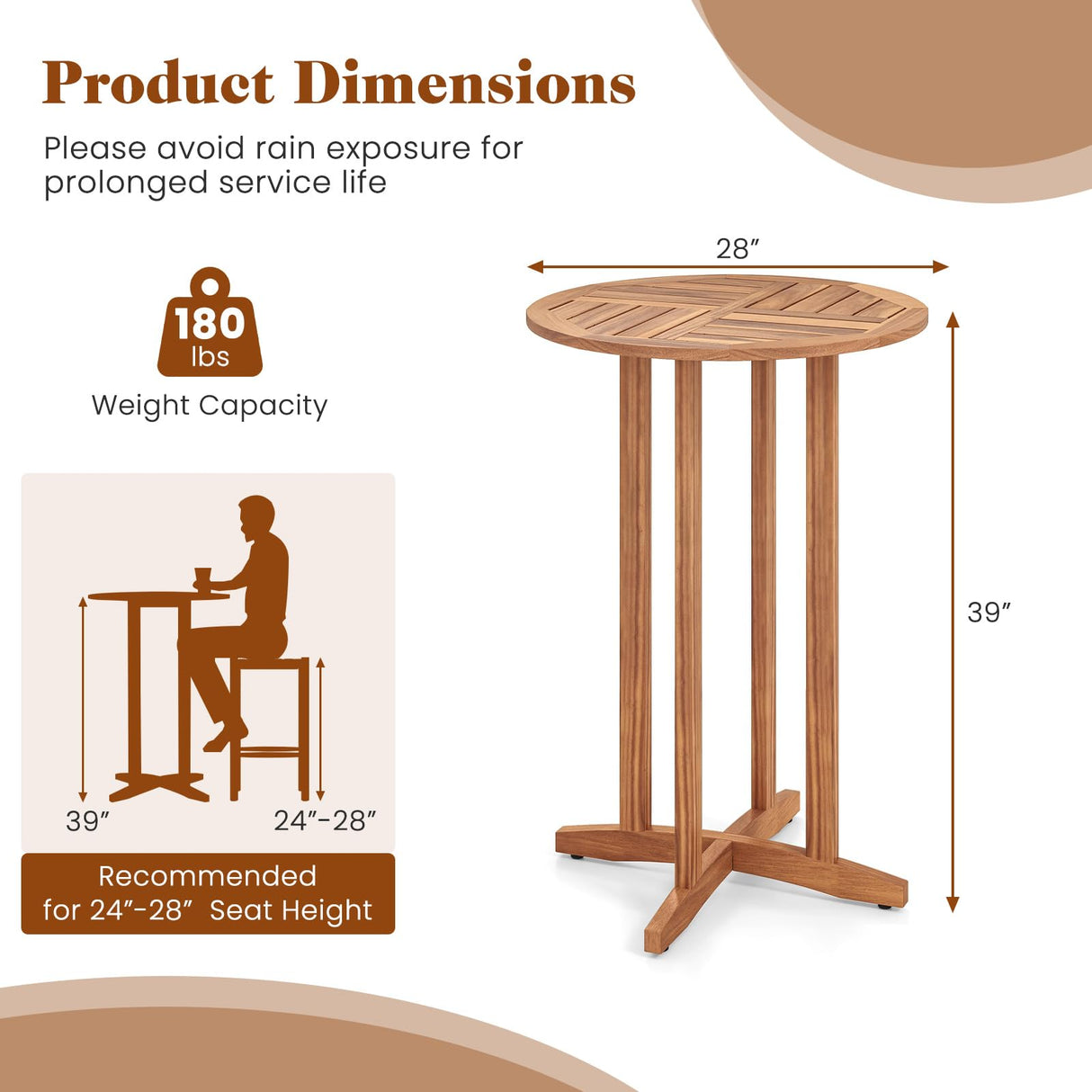 Tangkula Outdoor Acacia Wood Bar Table, 39" Patio Bar Height Round Table with Slatted Tabletop, High Top Bistro Dining Table, Pub Height Round Table for Garden, Deck, Porch and Yard Tangkula