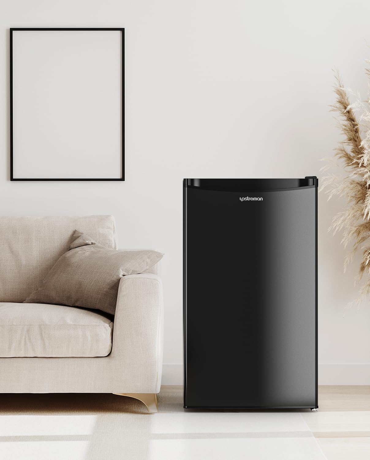 Upstreman 3.2 Cu.Ft Mini Fridge with Freezer, Single Door Mini Fridge, Dorm Fridge, Adjustable Thermostat, Mini Refrigerator for Bedroom, Office, Dorm, Black-BR321 Upstreman