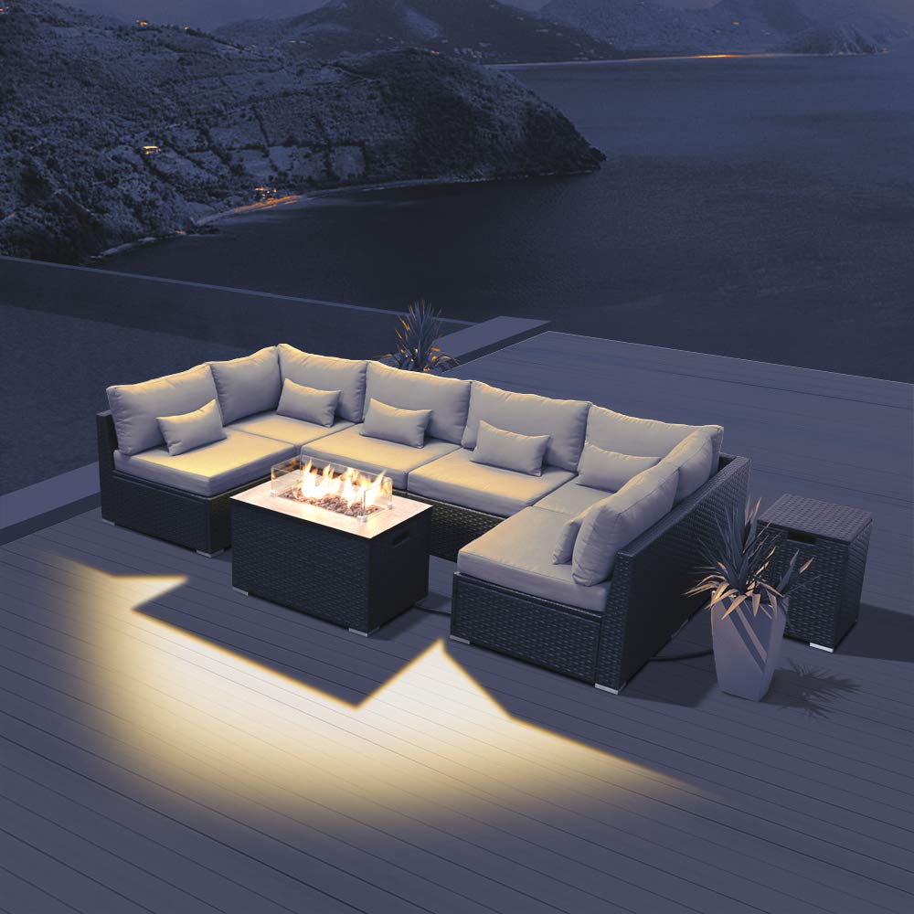 Dineli Sectional Sofa with Gas/Propane Fire Pit Table Outdoor Patio Furniture Sets (Light Gray-Rectangular Table) Dineli
