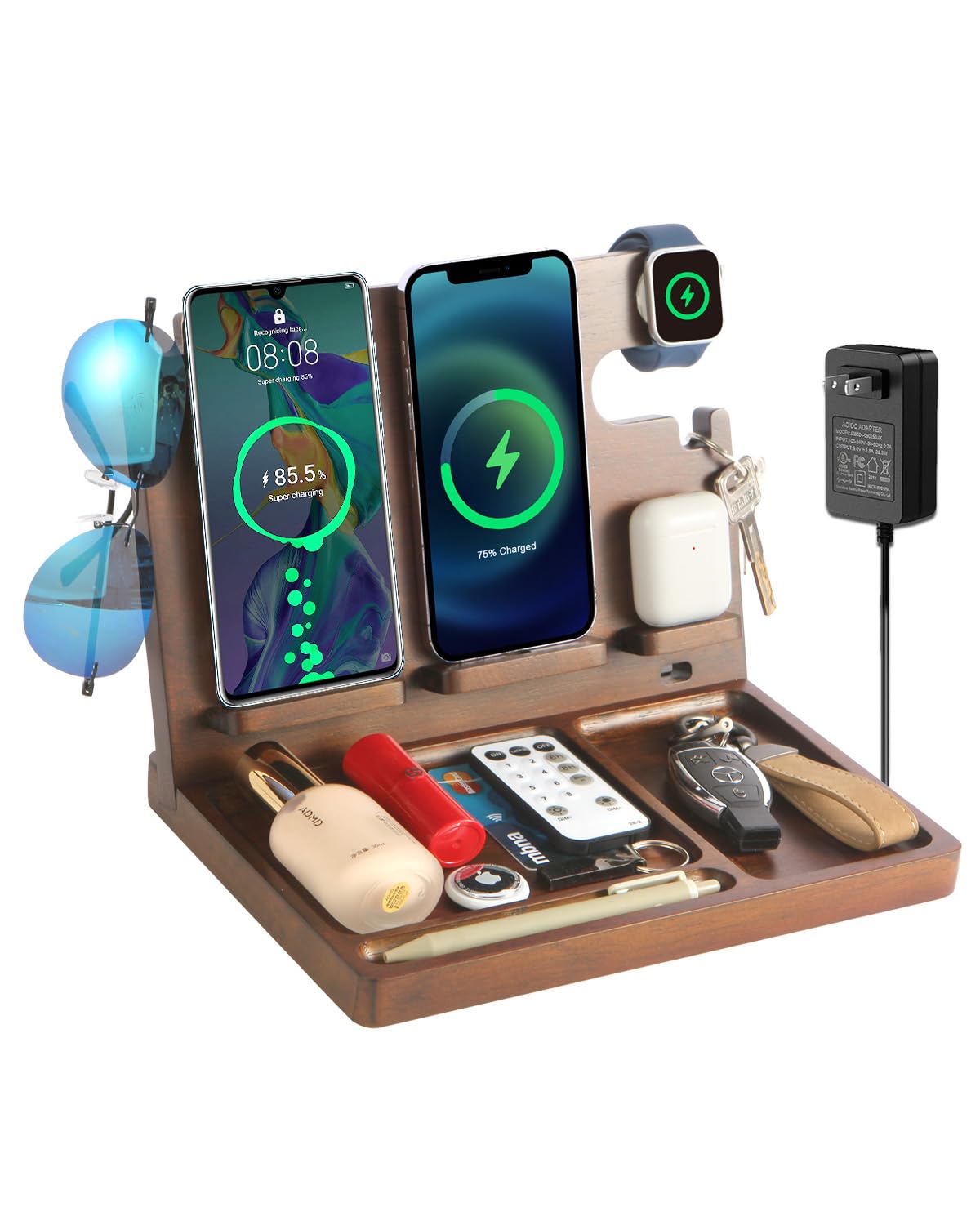 Wood Wireless Charging Station for Multiple Devices,27W Nightstand Organizer Charger Fast Charging for iPhone,Apple Watch,AirPods,2 Phone and Watch Docking Station,Birthday, for Men BaitengTech
