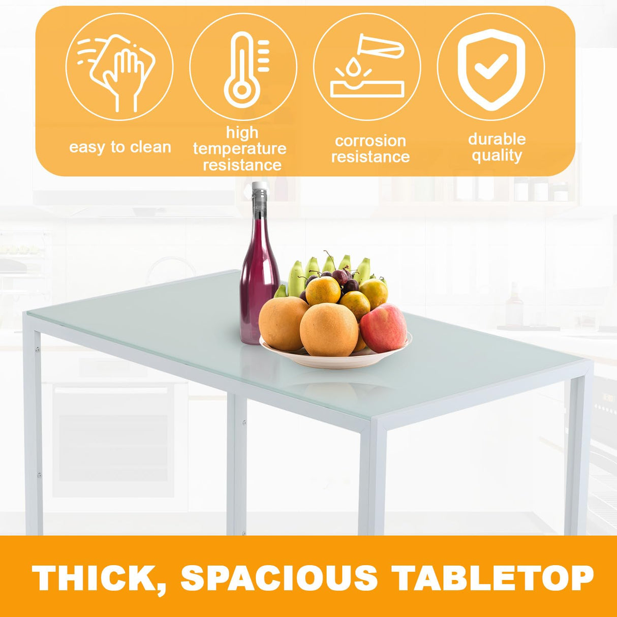 FDW | 5-Piece Dining Table Set | White | Glass Kitchen Table with 4 Upholstered Chairs and Faux Leather Cushions | Space-Saving and Modern Design | for Dining Room, Easy to Assemble FDW