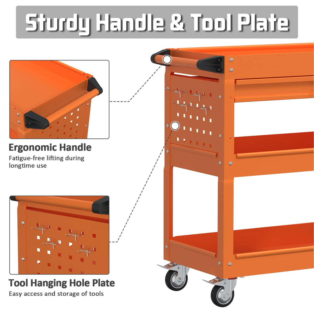 Pelnuies 3 Tray Tool Cart with Drawers, 400 LBS Capacity Rolling Tool Cart on Wheels, Heavy Duty Utility Cart with Pegboard, Mechanic Tool Storage Cart for Garage, Warehouse and Repair Shop, Orange Pelnuies