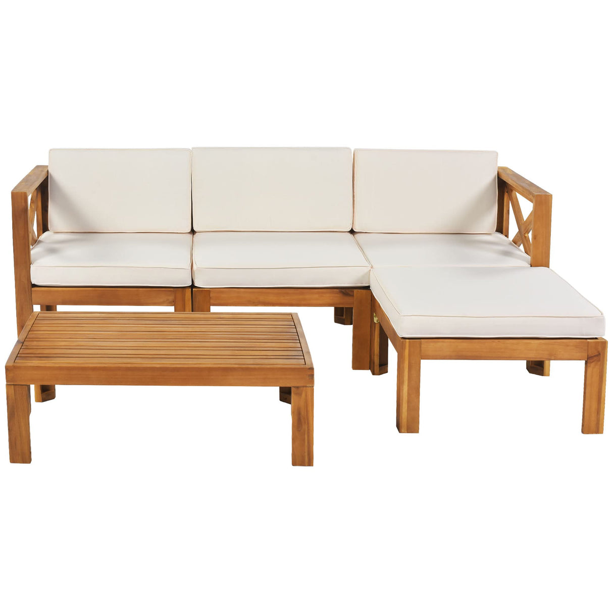 Acacia Wood 5-Piece Patio Sectional Sofa Set, Wood Furniture Set with Coffee Table and Soft Cushions, Outdoor Conversation Sets with Slatted Tabletop, Sectional Sofa Sets for Garden, Poolside, Beige FAROUCHE