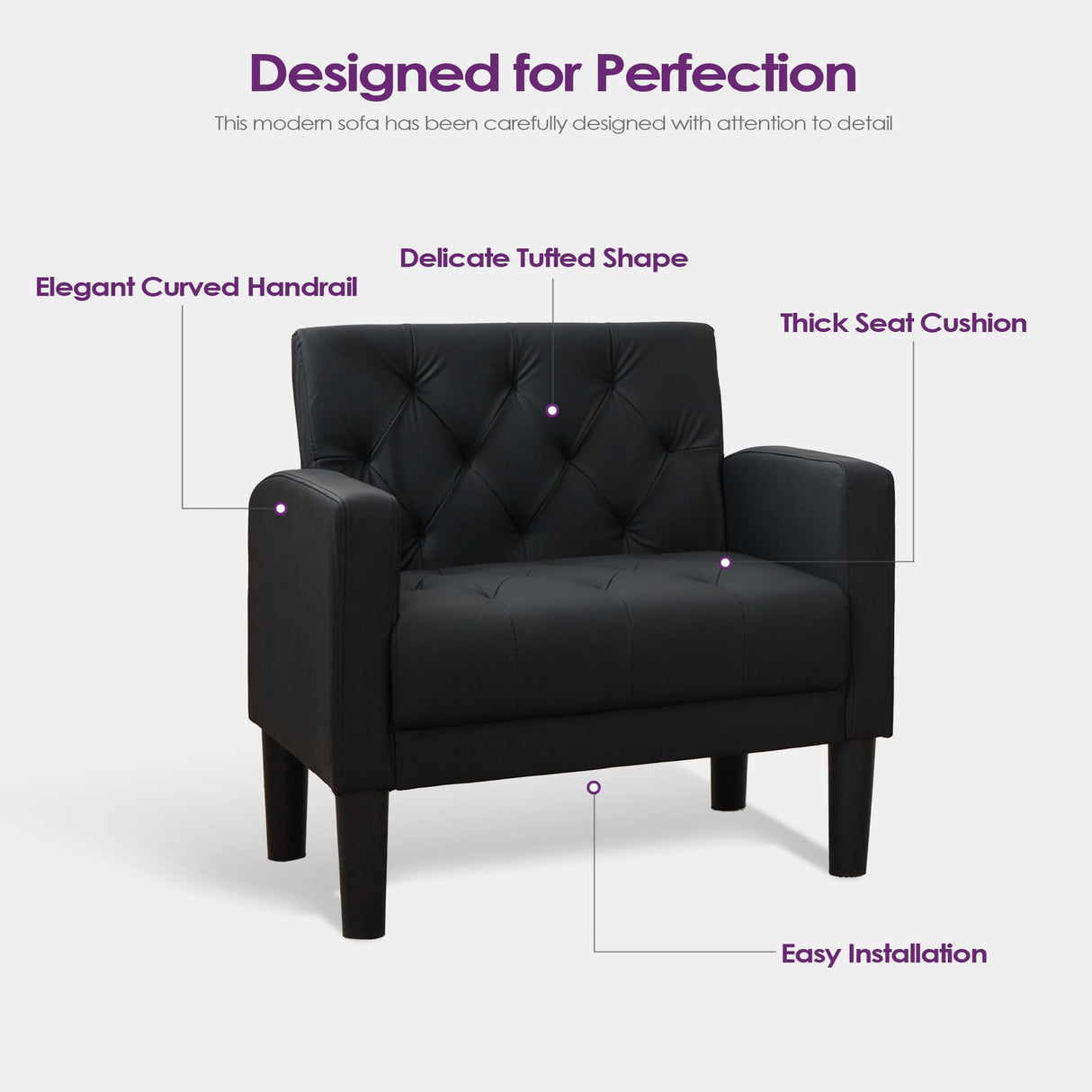 TYBOATLE Accent Chairs Set of 2 Comfy Living Room Chair Black Leather Tufted Mid Century Modern Accent Chair, Small Cozy Reading Arm Chair for Office, Bedroom (2, Black) TYBOATLE