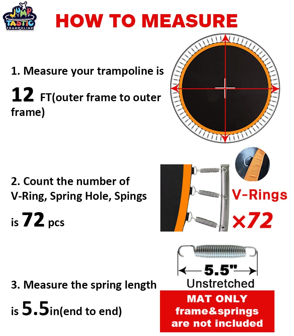 Jump Tastic Trampoline Trampoline Mat, Fits 12 ft Frame, with 72 V-Rings Fits 5.5 inch, Trampoline Replacement Mat (Mat Dia:127in), Reinforce, UV-Resistant, with Spring Hook and Gloves Jump Tastic Trampoline