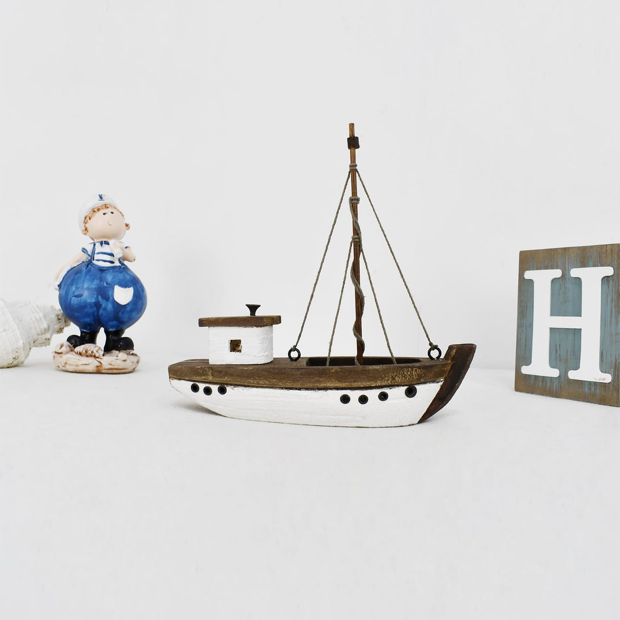 Morning View Wood Sail Boat Decor Nautical Sailing Ship Model Mini for Home Bathroom Shelf Table Centerpiece Coastal Beach Ocean Themed Lake House Decorations Seaside Marine 5.9 Inch Tall (Beige) Morning View