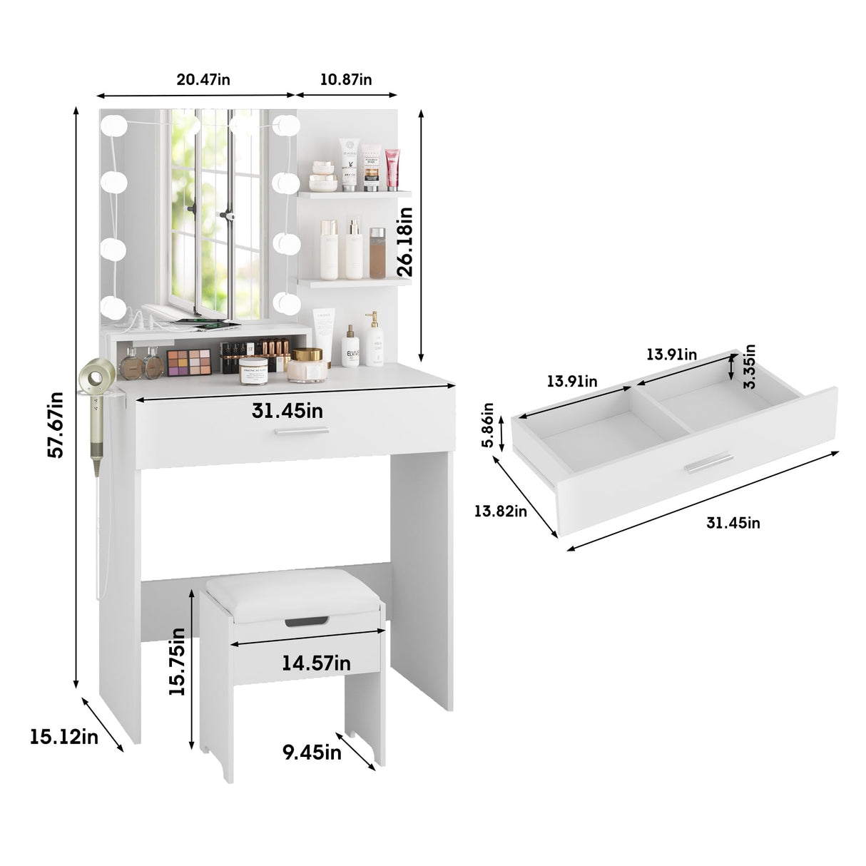 Vabches Makeup Vanity Table with Lighted Mirror & Power Strip, White Vanity Set, Lots Storage, 3 Lighting Modes, Brightness Adjustable, 31.5 * 15.75 * 57.7in, White Vabches