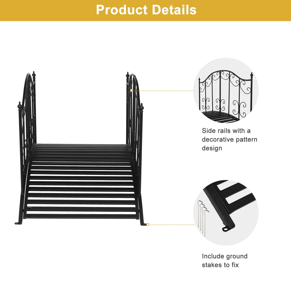 VINGLI Garden Bridge Metal Yard Arch Path Bridge with Patterned Guardrails, Ourdoor Decorative Black Iron Foot Bridge for Pond and Backyard Landscaping-4FT VINGLI