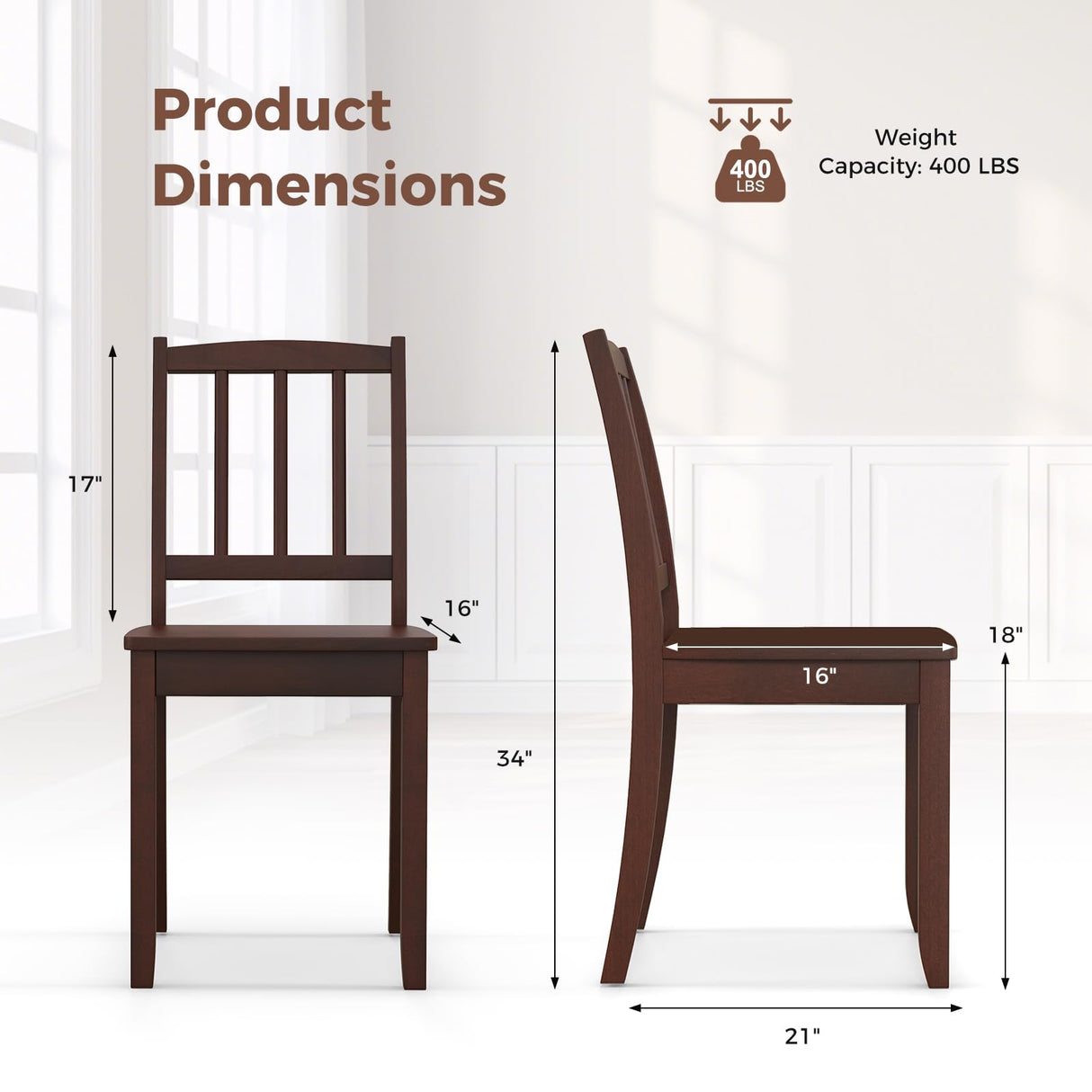 Giantex Farmhouse Dining Chairs Set of 2, Modern Kitchen Chairs w/Rubber Wood Legs & Curved Backrest, Ladder Back Diner Chairs, Wooden Side Chairs for Study, Dining Room, Load 400 LBS, Brown Giantex