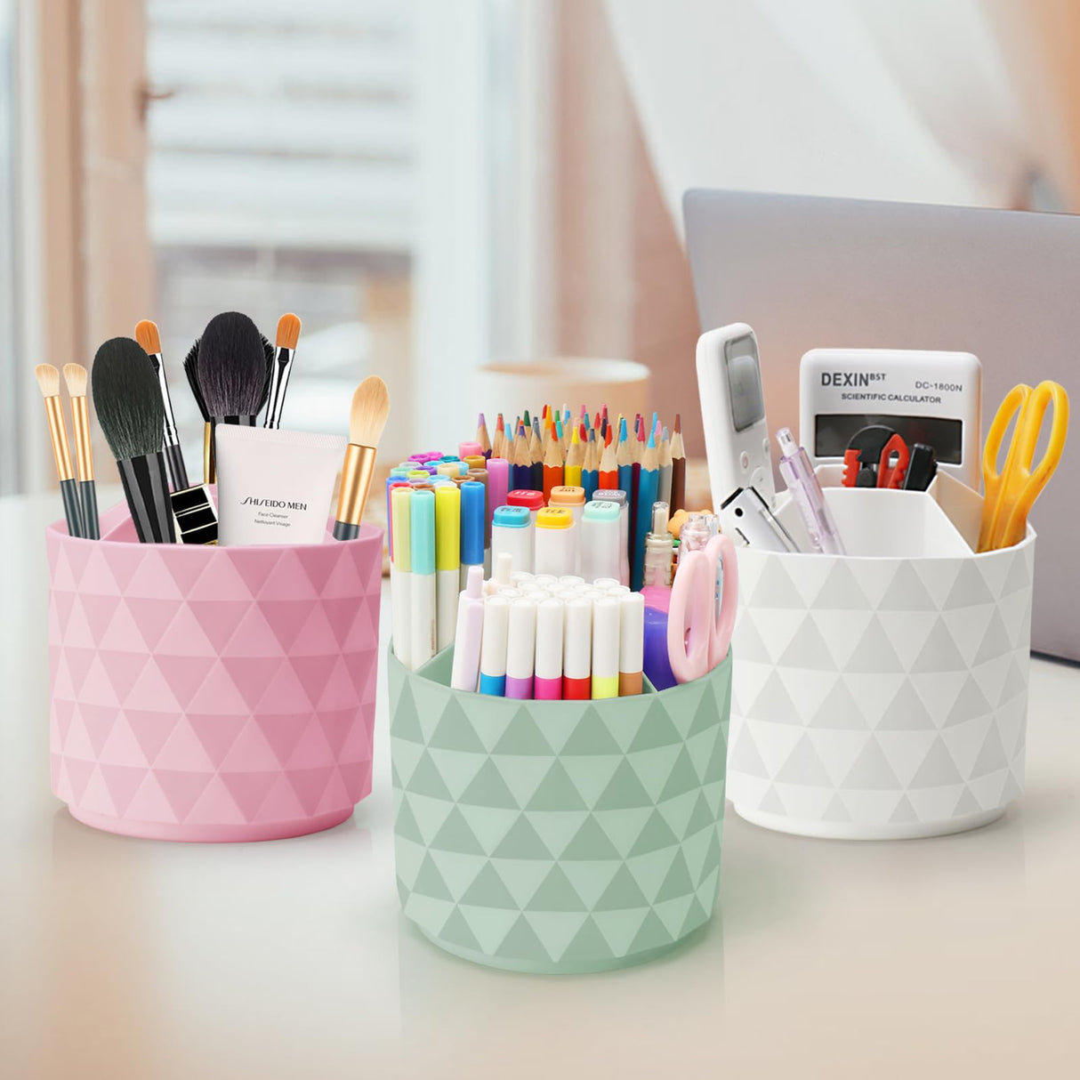 Nuozme Desk Organizer, 360-Degree Rotating Pencil Pen Holders For Desk, Diamond Pattern Pen Organizer With 5 Compartments, Cute Desk Accessories Decor For Office, School,Home,Art Supply (White) Nuozme