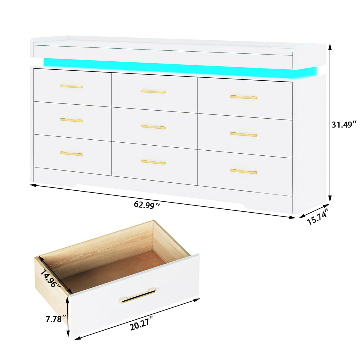 Bvldfamly Wide 9 Drawers Dresser with LED Lights - 63 INCH Modern Wooden Chest of Drawers for Bedroom, Charging Station Storage Organizer Closet for Bedroom, Living Room, White Bvldfamly