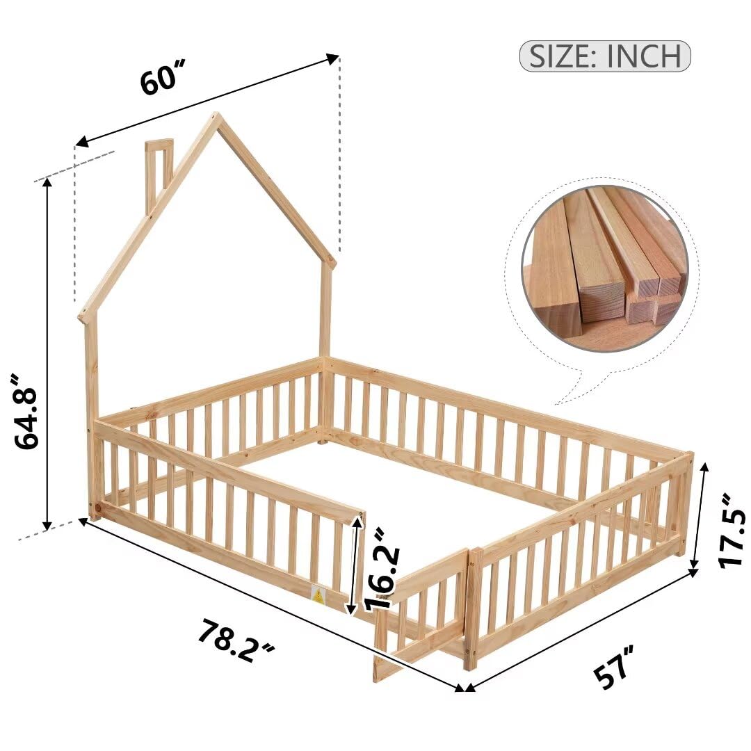TURRIDU Full Size Montessori House-Shaped Floor Bed with Fence and Door in Natural Wood TURRIDU