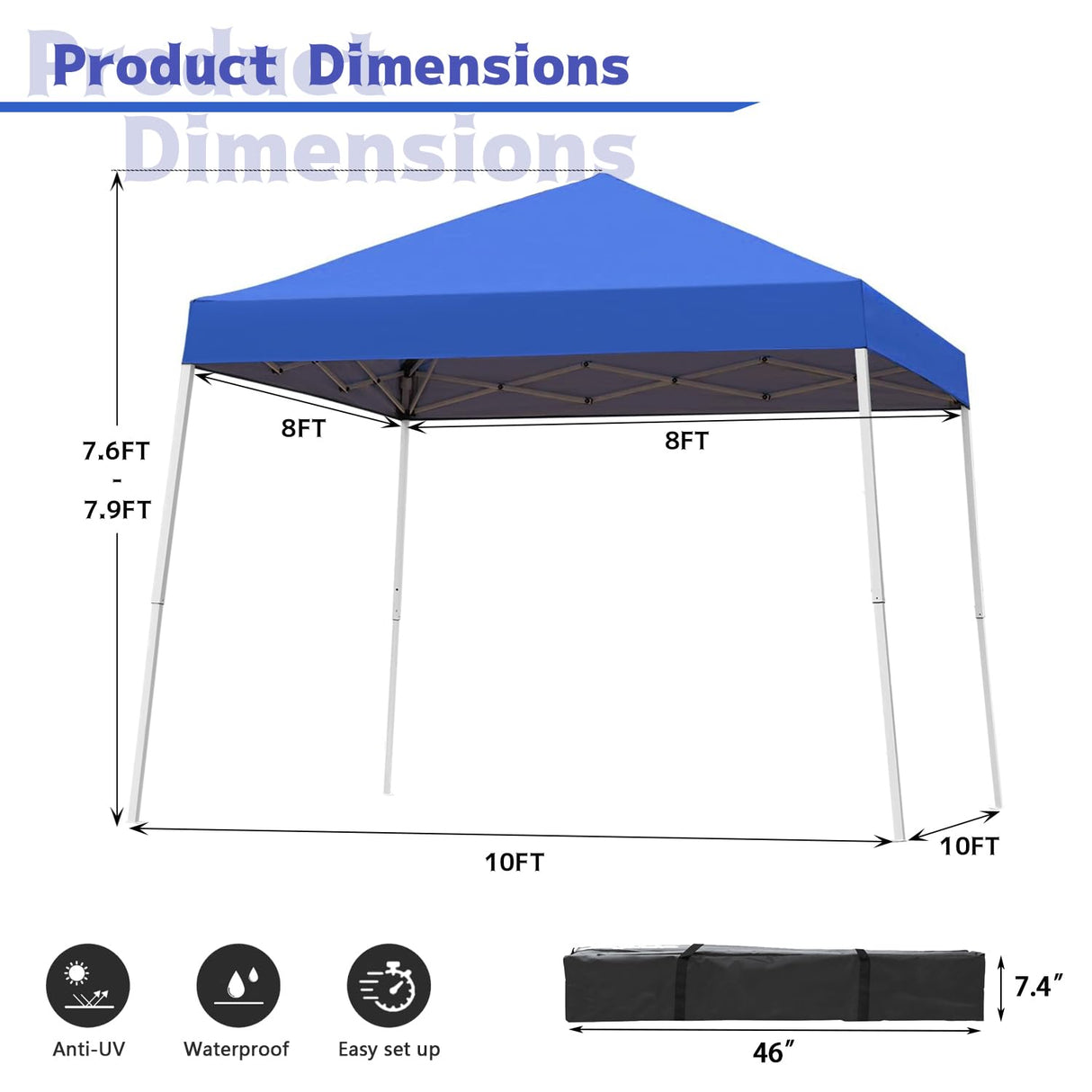 Oneofics Canopy Tent, 10X10 FT Pop Up Canopy Outdoor Instant Tent Slant Legs with Carrying Bag, Portable Gazebo Shelter for Patio Deck Garden and Beach - 8X8 FT Canopy Cover (Blue) Oneofics