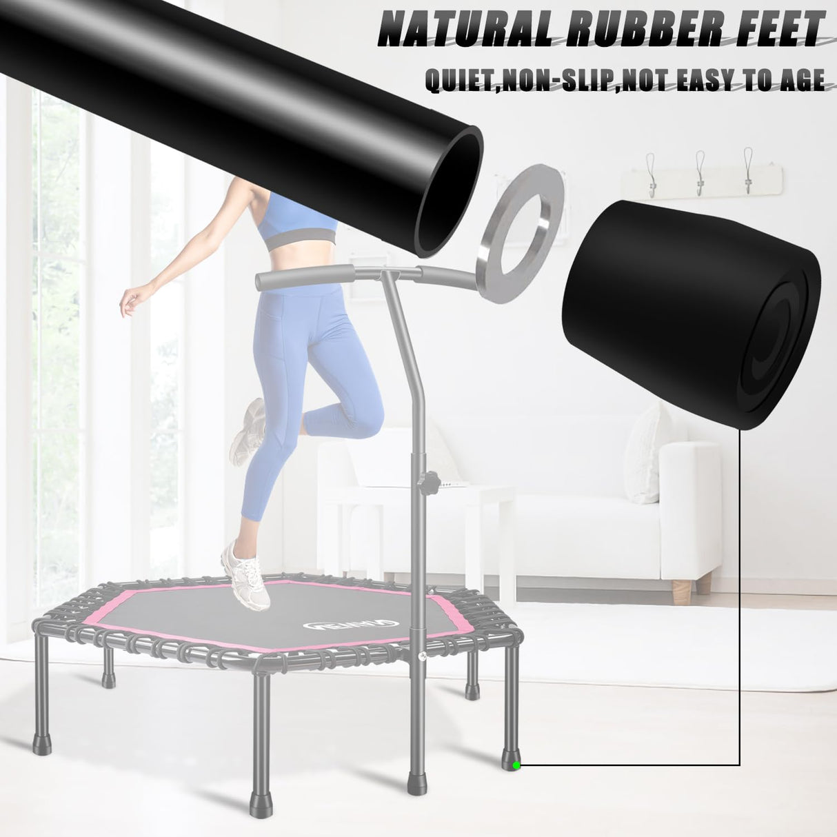 Newan 48'' Fitness Trampoline with Adjustable Handle Bar, Silent Trampoline Bungee Rebounder Jumping Cardio Trainer Workout for Adults - Max Limit 330 lbs NEWAN