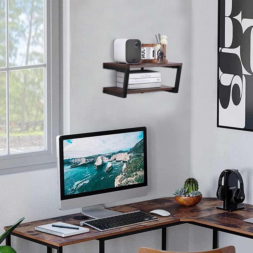 LUCKUP Floating Wall Shelves Wall Mounted Projector Shelf Wood AV Media Stand with 2 Shelves, Entertainment Center with Strengthened Metal Steel Frame LUCKUP