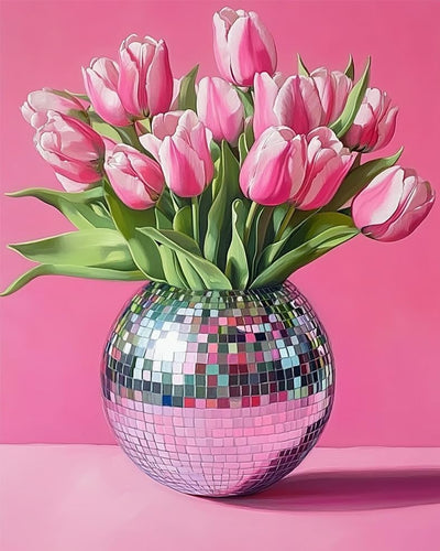 Pink Tulips Painting by Numbers Kits 16x20 inch Canvas Disco Ball Vase Pattern DIY Oil Painting for Kids, Adults Beginners with Brushes Acrylic Pigment Flowers Drawings Gift (without Frame)