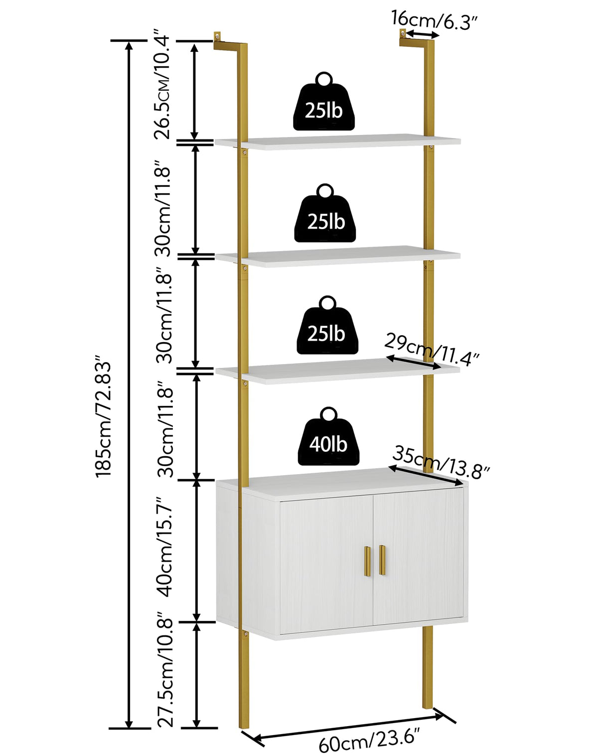 Yusong 73" Tall Bookshelf with Cabinet, Industrial Ladder Wall Mount Shelf Bookcase with Wood and Metal Frame, Plant Shelf Wall Storage Display for Living Room Bedroom, White Gold Yusong