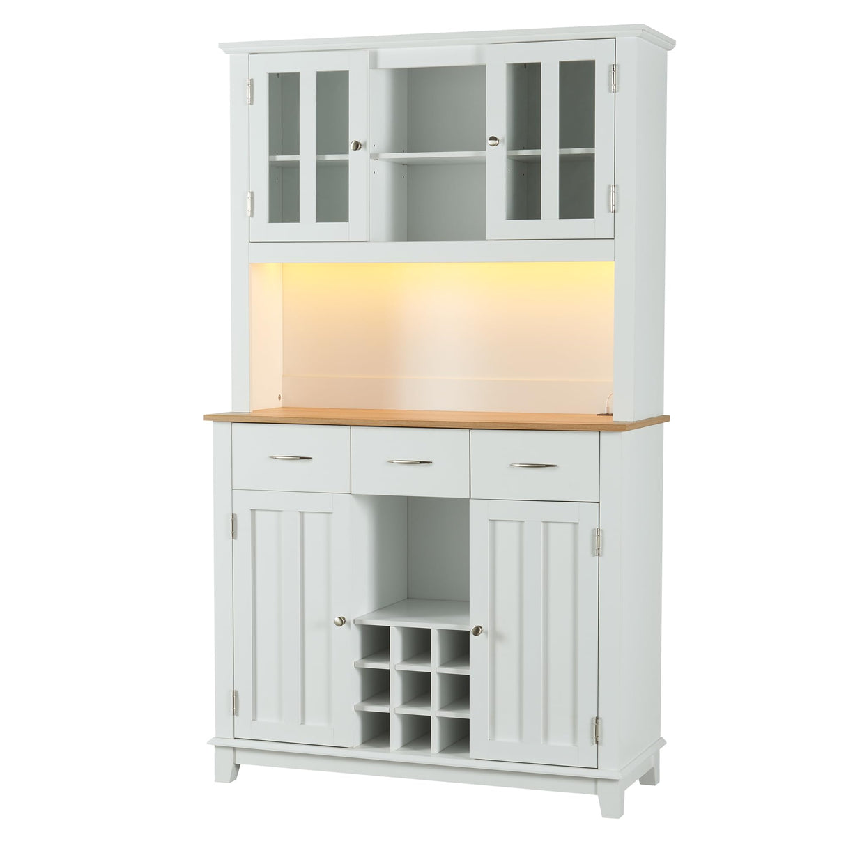 Brabrety Farmhouse 70'' Kitchen Pantry Storage Buffet Cabinet with LED Outlet,Tall Kitchen Hutch Cabinet with Wine Glass Racks and 3 Drawers,for Home Dining Room Living Room (White@Outlet) Brabrety