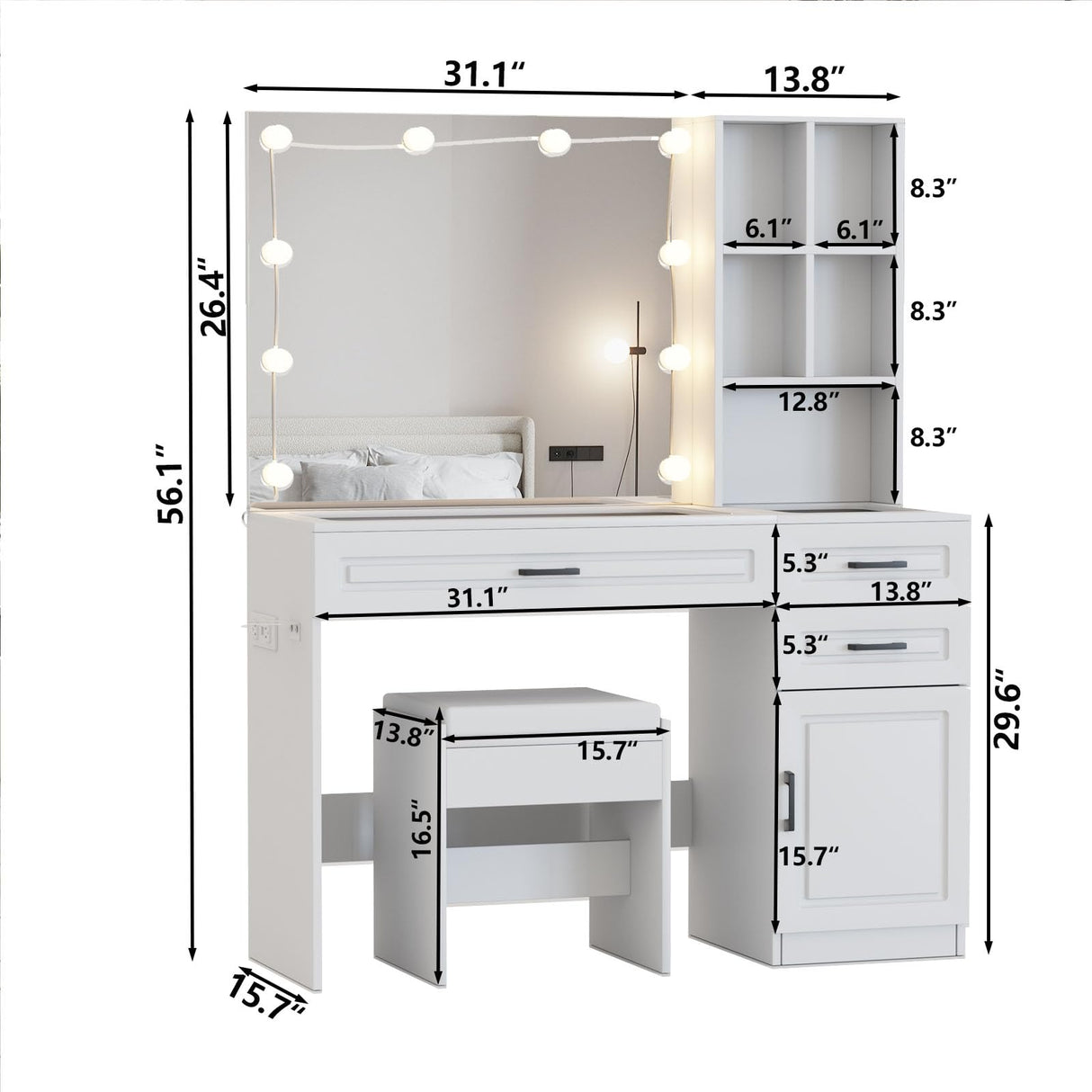 Fameill Vanity Desk with Lighted Mirror & Power Strip,Large Vanity Table with Glass top and Lots Storage,3 Drawer Makeup Desk with Hair Dryer Stand,3 Lighting Modes,White Fameill