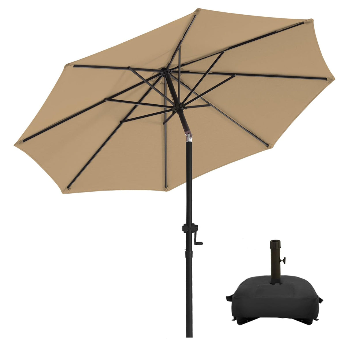 wikiwiki 9FT Patio Umbrellas with Base Included, Outdoor Umbrella with Sandbag Base, 8 Sturdy Ribs, Fade Resistant Waterproof POLYESTER DTY Canopy for Garden, Lawn, Deck, Backyard & Pool,Tan wikiwiki
