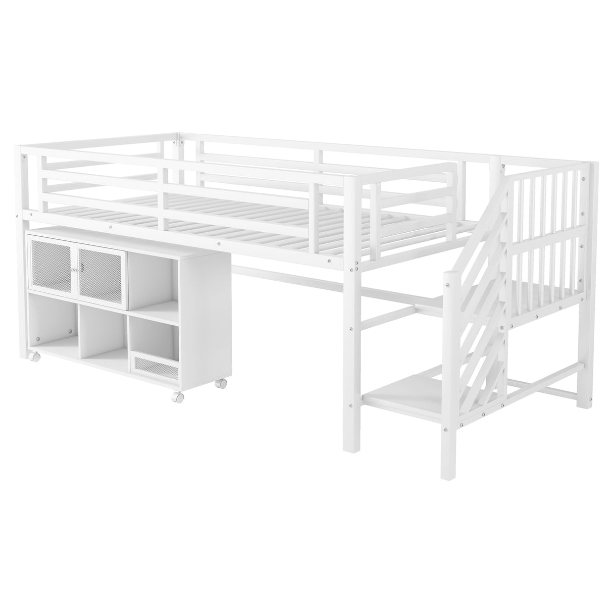 LUMISOL Twin Low Loft Bed with Stairs, Metal Loft Bed with Storage Cubby, No Noise, White LUMISOL