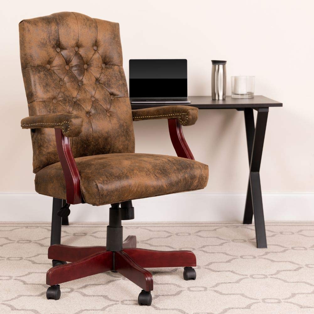 Flash Furniture Derrick Traditional Microfiber Tufted Swivel Office Chair with Wood Base, Ergonomic Farmhouse High-Back Desk Chair, Bomber Brown Flash Furniture