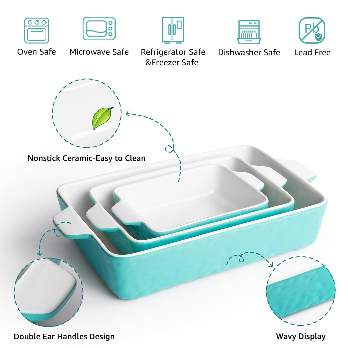 Krokori Casserole Dishes for Oven, Ceramic Baking Dishes, Lasagna Pan with Handles, Porcelain Baking Pan Deep, Bakeware for Baking, Cooking, Wedding Gift, Set of 3 (11.6" x 7.8", Aquamarine) Krokori