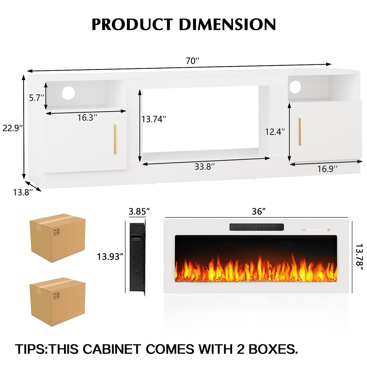 LEMBERI Fireplace tv Stand with 36 inch White Fireplace Up to 80" TVs,LED Light Entertainment Center and Storage, 70" Modern Wood Media TV Console with Highlight Cabinet for Living Room LEMBERI