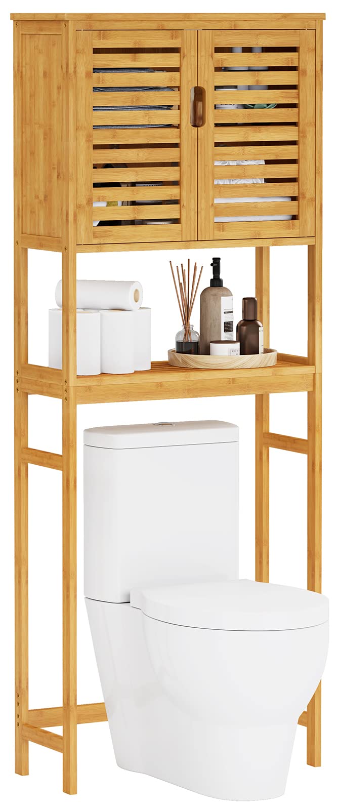 VIAGDO Natural Bamboo Over The Toilet Storage Cabinet with Adjustable Shelves and Doors VIAGDO