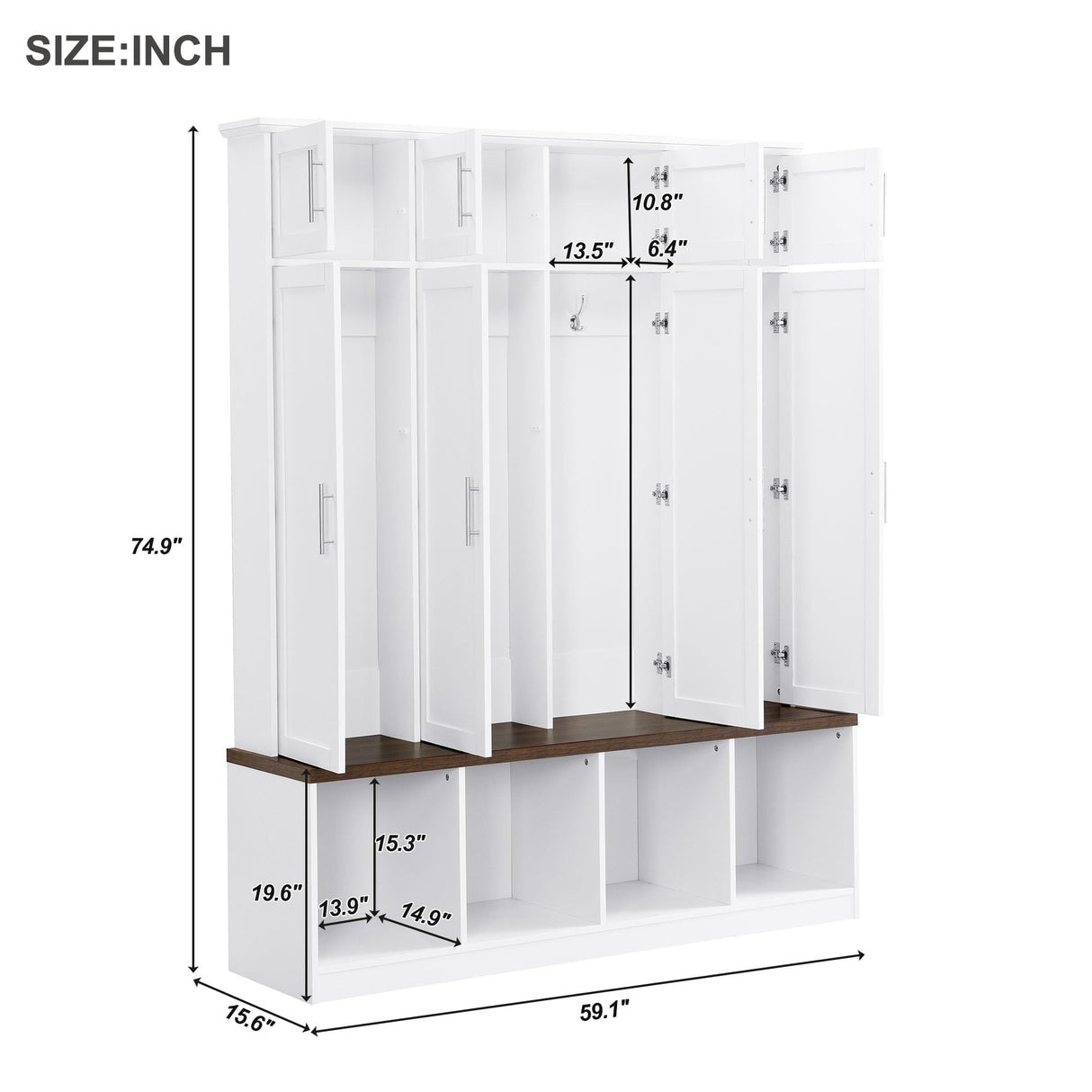 Merax Hall Tree with Entryway Bench and Shoe Storage Compartments, Multi-Functional Cabinet with 4 Hanging Hooks Merax