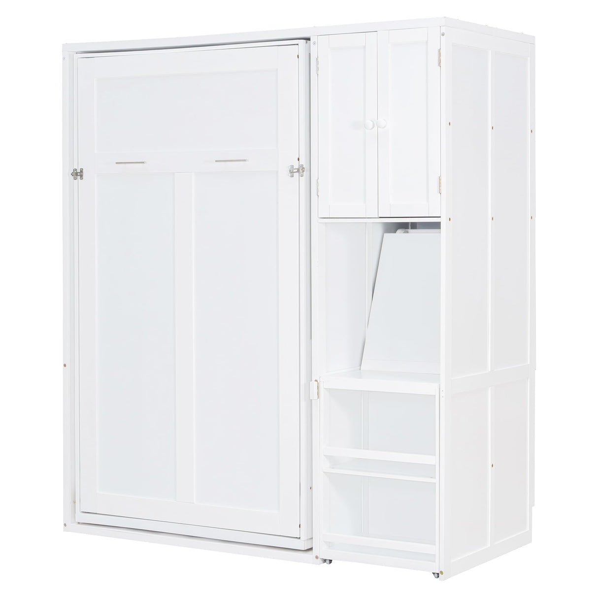 Merax Twin Size Rotating Wall Murphy Beds, Wood Folding Murphy Wall Bed with Bookshelf, Top Cabinet, Extendable Desk & Side Storage, White Merax