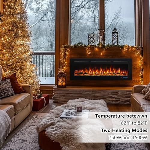 Valuxhome 50" WiFi Modern Recessed and Wall Mounted Electric Fireplace Heater for Living Room,Timer, Overheating Protection, 5100BTU,Touch Screen, Black Valuxhome