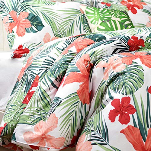 FADFAY Tropical Red Hibiscus Palm Leaves Duvet Cover Set Super Soft Summer Bedding 100% Cotton Soft with Hidden Zipper Closure Queen Size 3-Pieces FADFAY