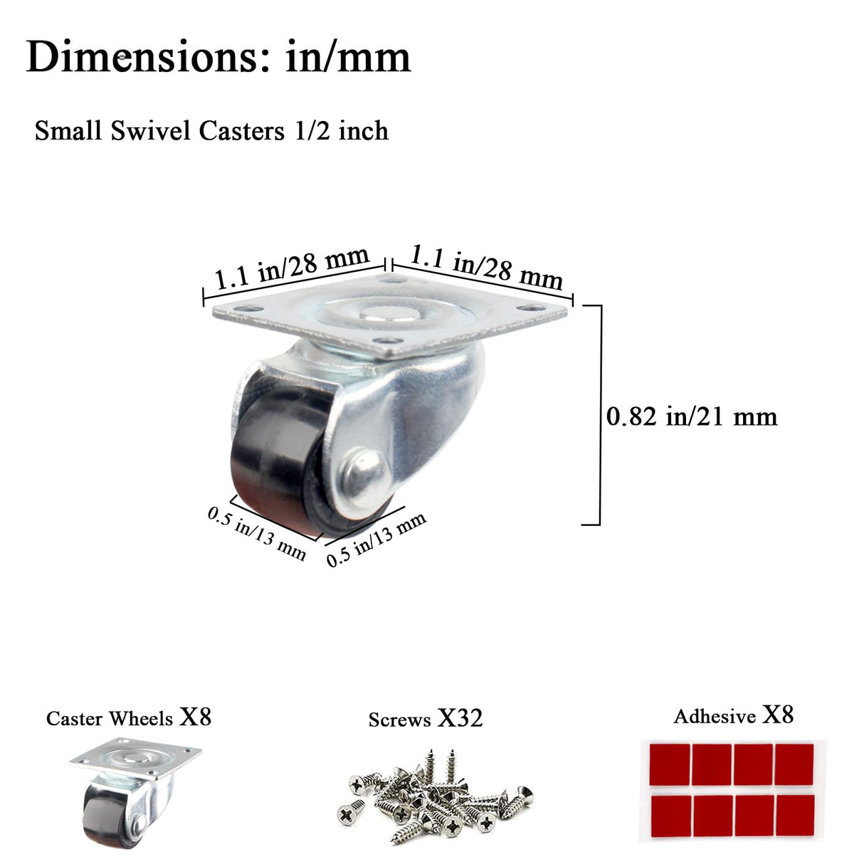 Luxinika Mini Caster Wheels 0.5 Inch Low Profile Swivel Small Casters, Steel Top Plate, Self Adhesive Little Nylon Rolling Wheels for Furniture, Small Appliances, Toy Cart Storage Box & Bins 8 Pack Luxinika