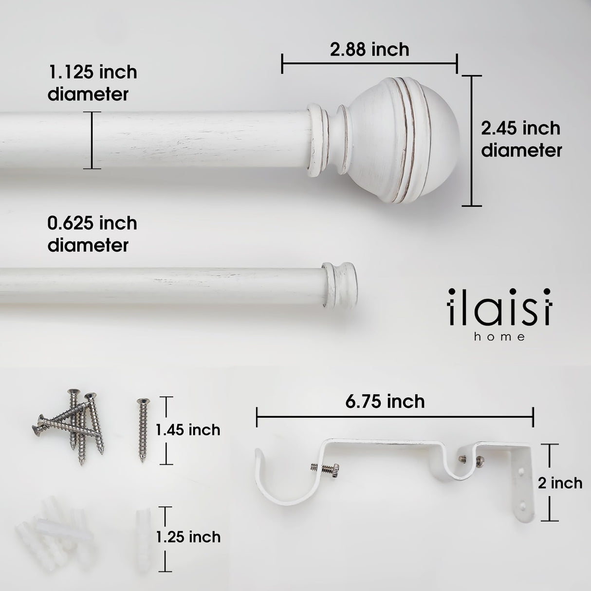 ILAISIHOME 1-1/8 Inch Diameter Farmhouse Style White Curtain Rods with Round Finial, 72-144 inch Telescoping Double Rod for window width 68-140 inch, 1 pack ILAISIHOME