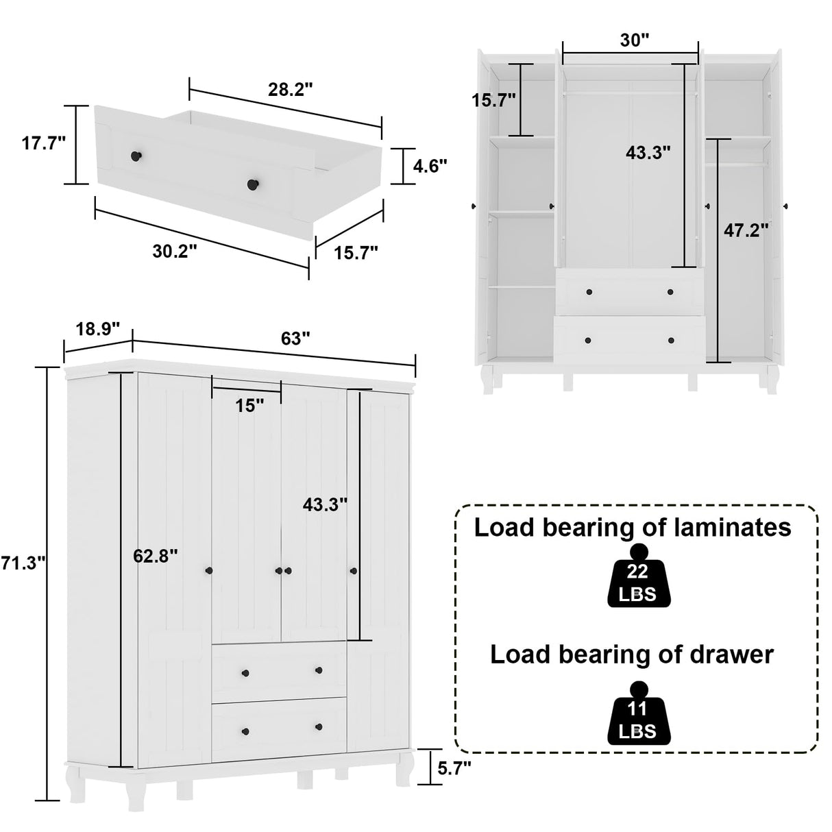 ECACAD 4 Door Wardrobe Closet Armoire with 2 Drawers, Multi-Tier Storage Shelves & Hanging Rods, 63”W Wooden Clothes Storage Cabinet with Solid Legs for Bedroom, White ECACAD