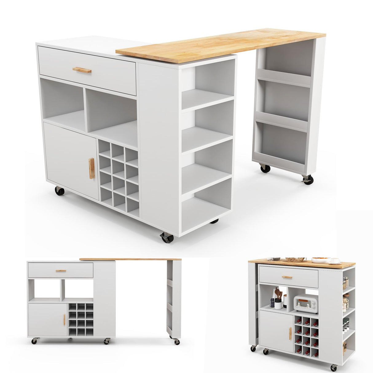 Giantex Mobile Kitchen Island Cart, 4-in-1 Reversible Serving Cart Bar Table Combo, Storage Cart on Wheels w/Rubber Wood Top, Adjustable Shelf, 12-Bottle Wine Rack, Spice Rack for Dining Room, White Giantex