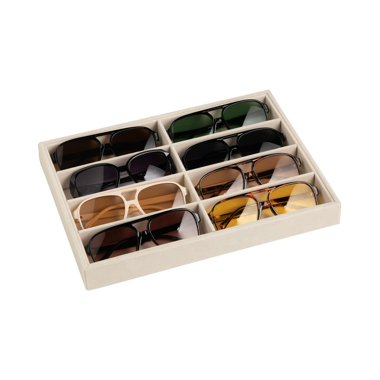 Frebeauty Sunglass Organizer,Velvet Glasses Organizer,8-Slot Sunglasses Tray for Drawer,Men's/Women's Sunglasses Box,Sunglass Holder,13.3 x 9.6 x 1.5 Inches,Eyeglass/Eyewear Display Tray(Beige) Frebeauty