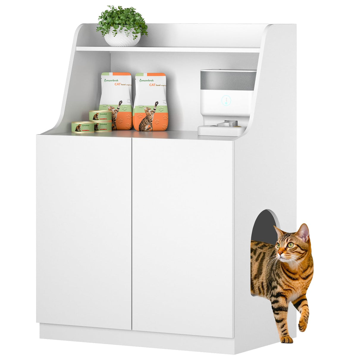 Amunrbrek Large/Tall Litter Box Enclosure, Modern Wooden Litter Box Furniture for XL Litterbox with Open Shelf as Sideboard Cabinet (White) amunrbrek