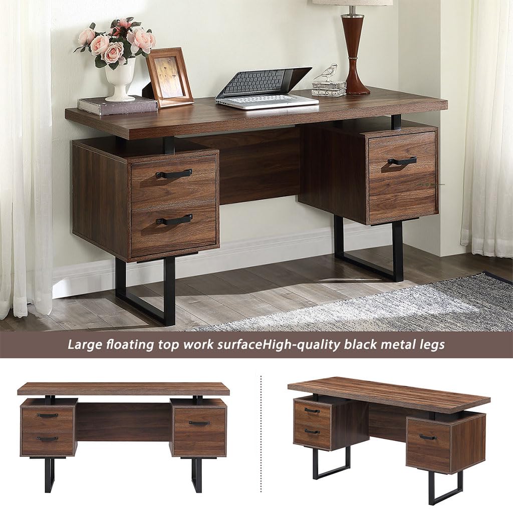 STANSS 59" Computer Desk, Farmhouse Home Office Desk Writing Table with 3 Drawers and U-Shaped Metal Legs, Wood Executive Desk Student Desk, Drawers for Hanging File Executive Desk, Rustic Brown STANSS