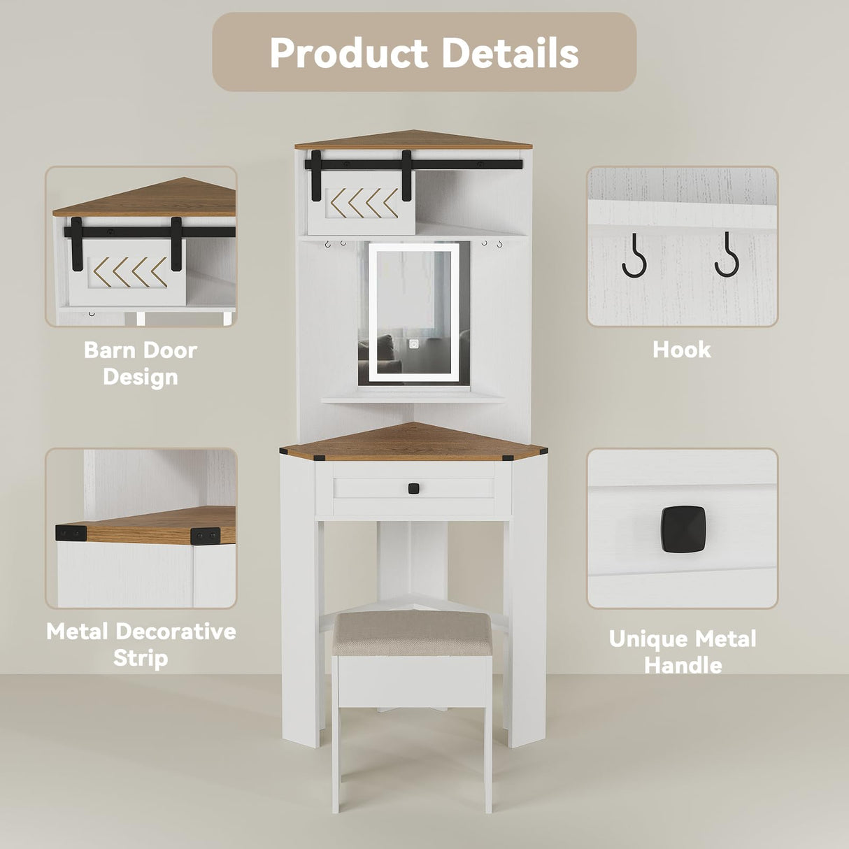 ARTETHYS Small Vanity Desk Set with Lights and Mirror Makeup Vanities with Drawers for Corner Space White Farmhouse Make up Dressing Table with Storage Stool for Bedroom ARTETHYS