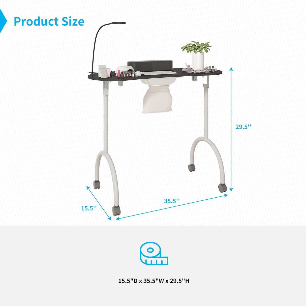 TABU Portable Manicure Nail Table, Foldable Manicure Table with Dust Collector Fan, LED Lamp, 4 Lockable Wheels and Carry Bag, Professional Nail Desk TABU